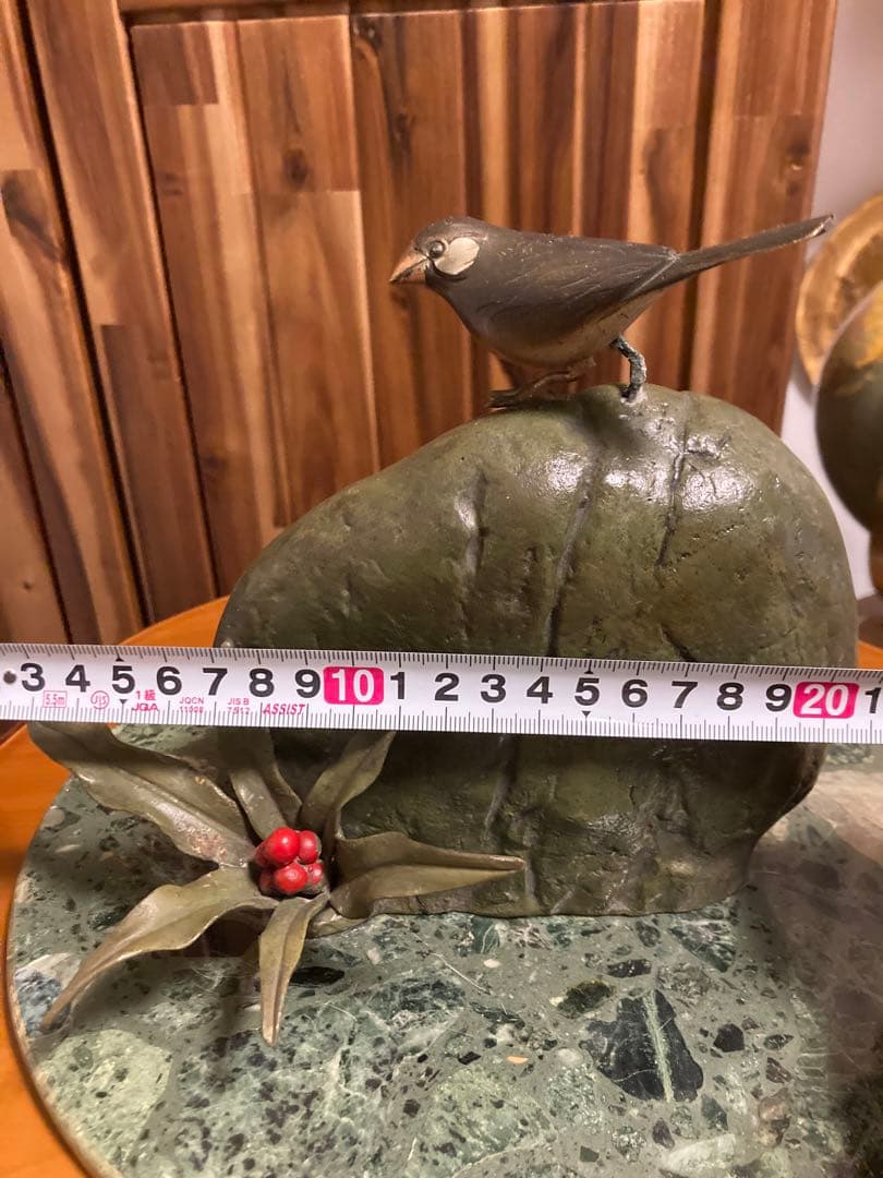ブロンズ製 鳥と植物　『万年青に文鳥』青銅製 銅像 置物