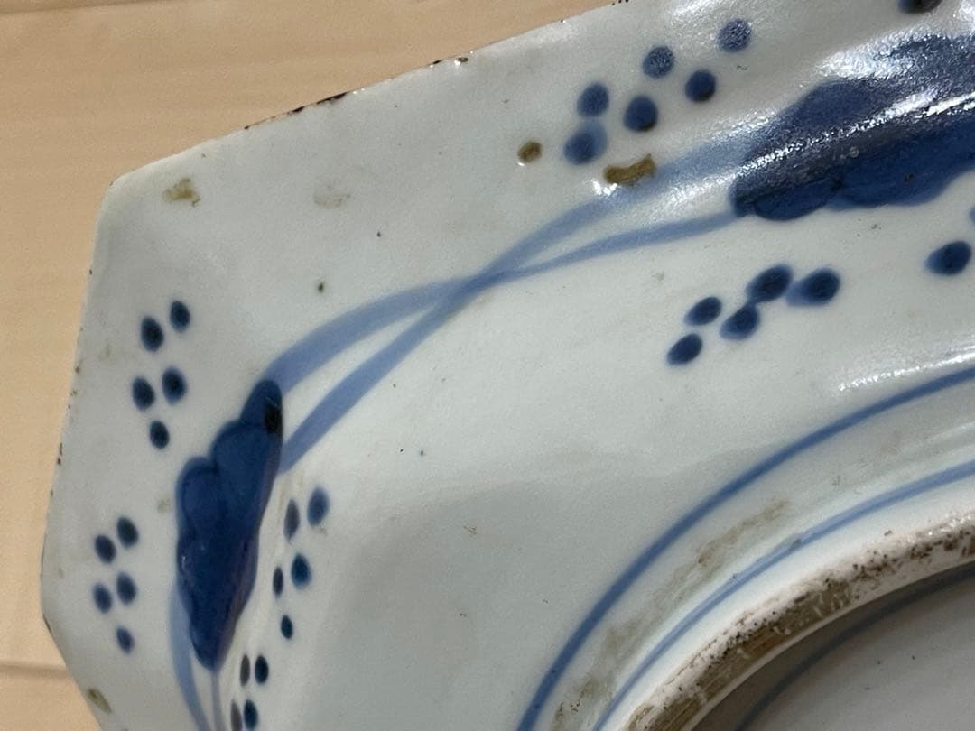 骨董伊万里　線描　染付　角皿　隅切　1客