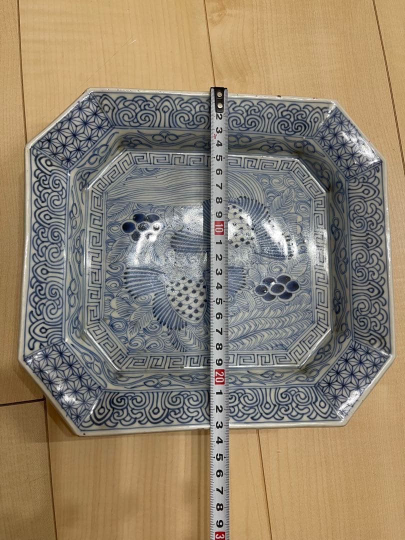 骨董伊万里　線描　染付　角皿　隅切　1客