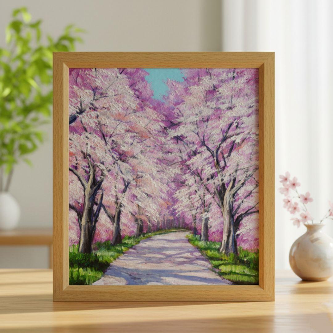 油絵 絵画【満開の桜のトンネル】原画 額縁付き 春の風景画 ギフトにも！