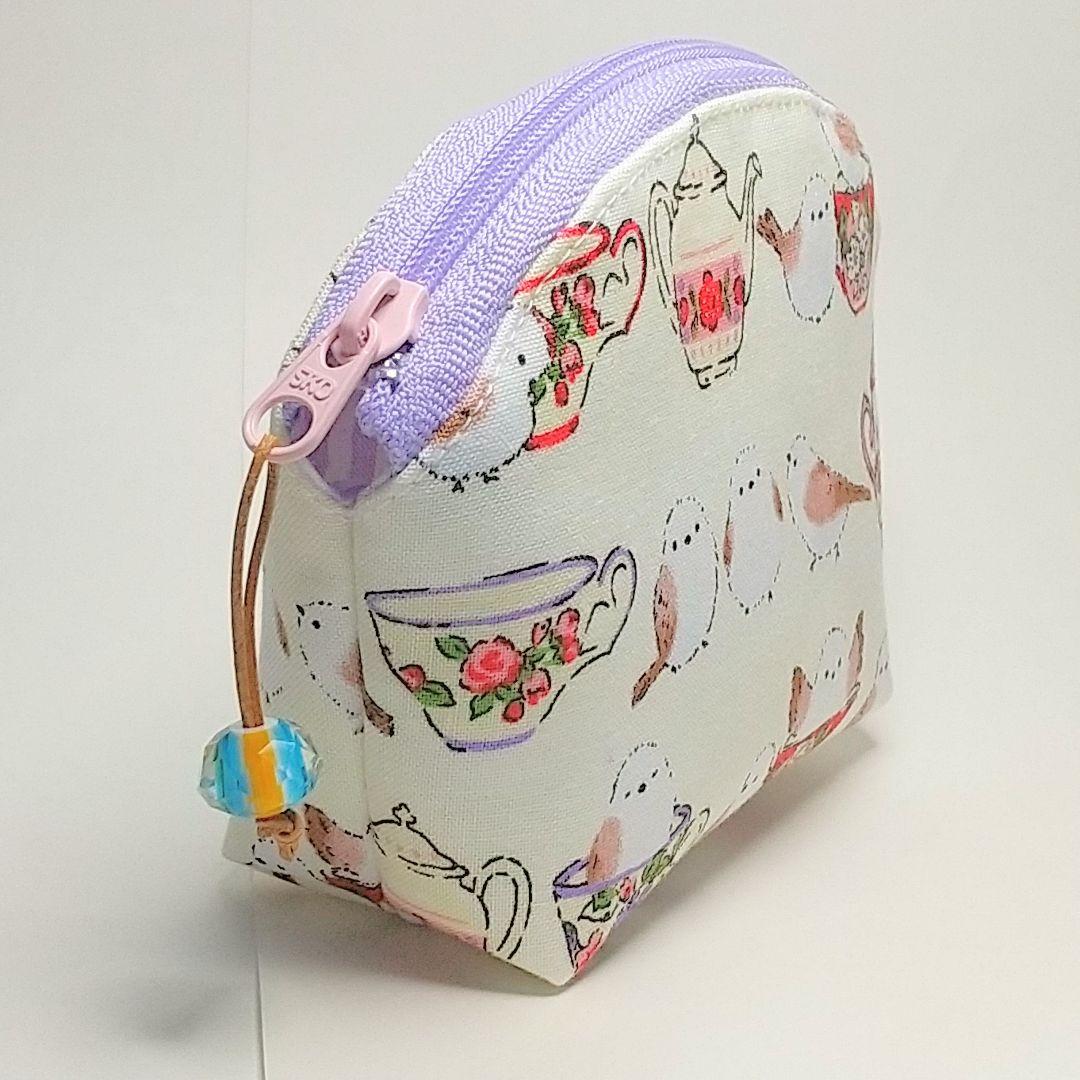作品例★ハンドメイド ポーチ シマエナガ カップ 白 鳥 革紐 ガラスビーズ