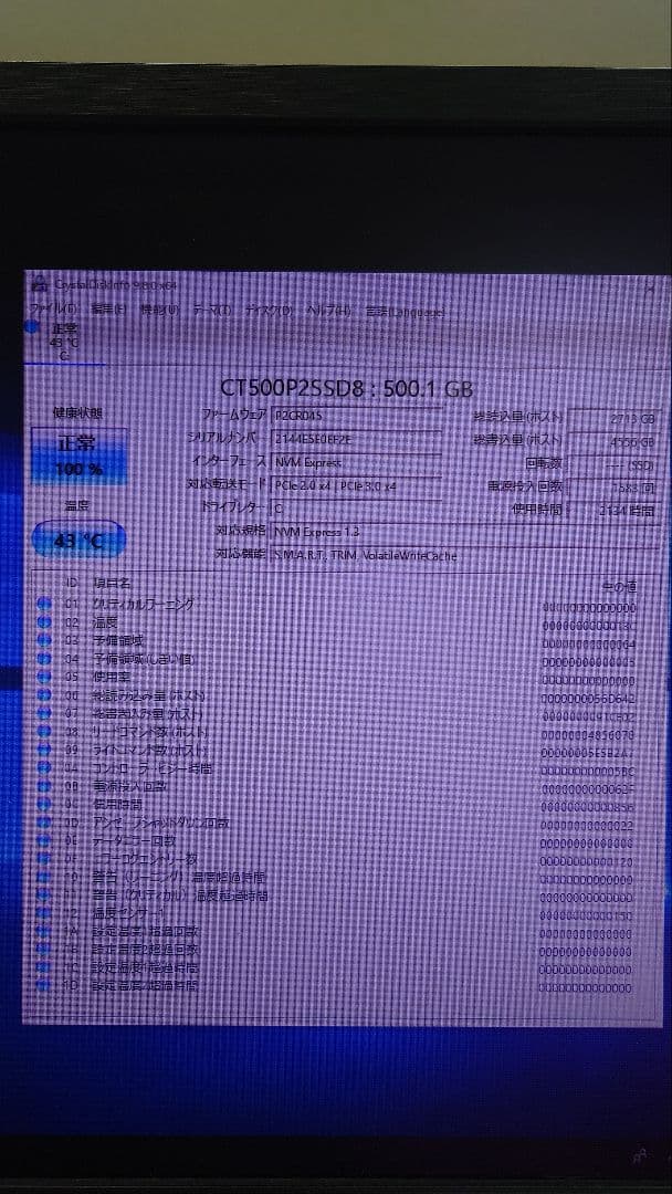 Crucial P2 M.2 2280 500GB SSD　使用2134時間