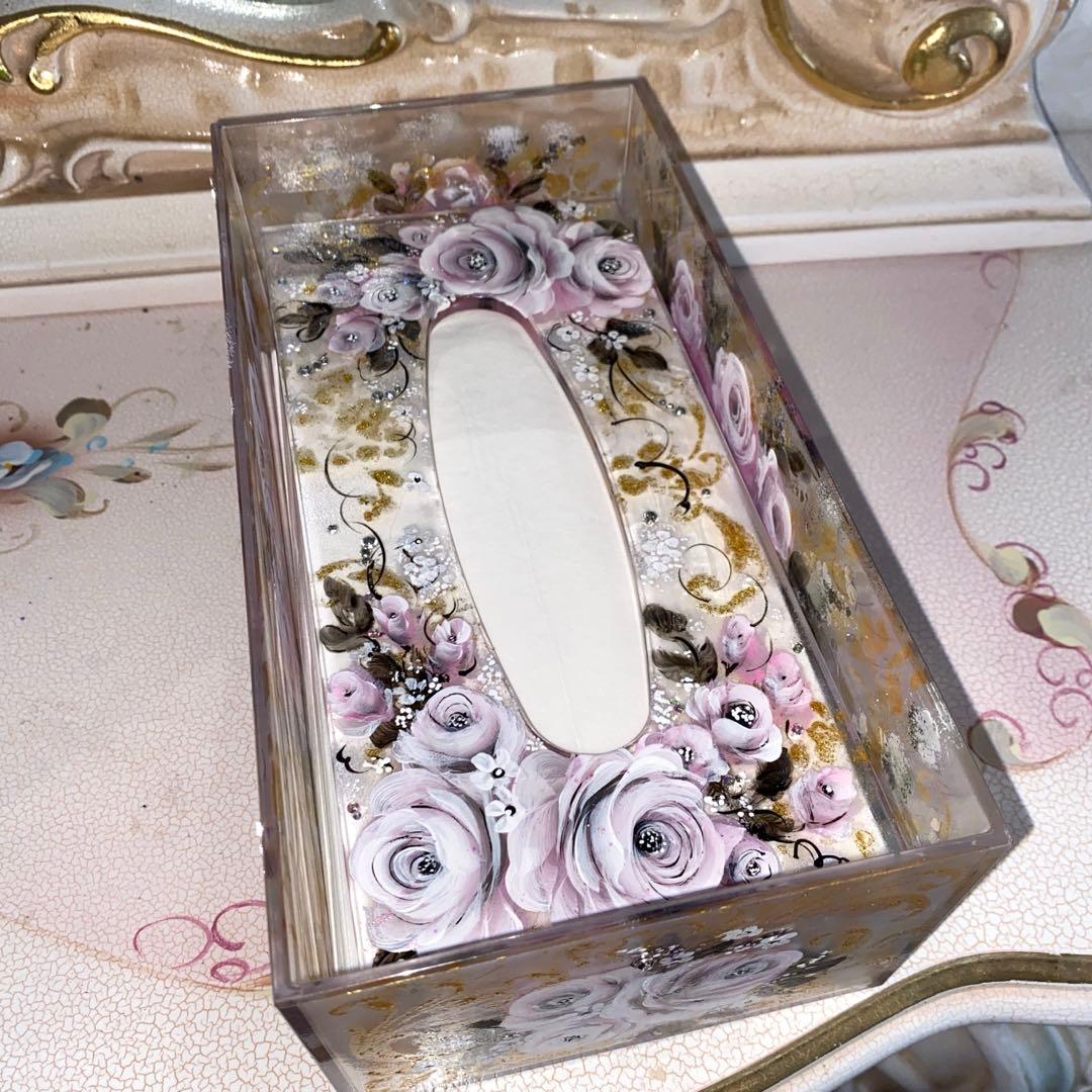 ペン立て　箱ティッシュボックス　薔薇　手描き　トールペイント