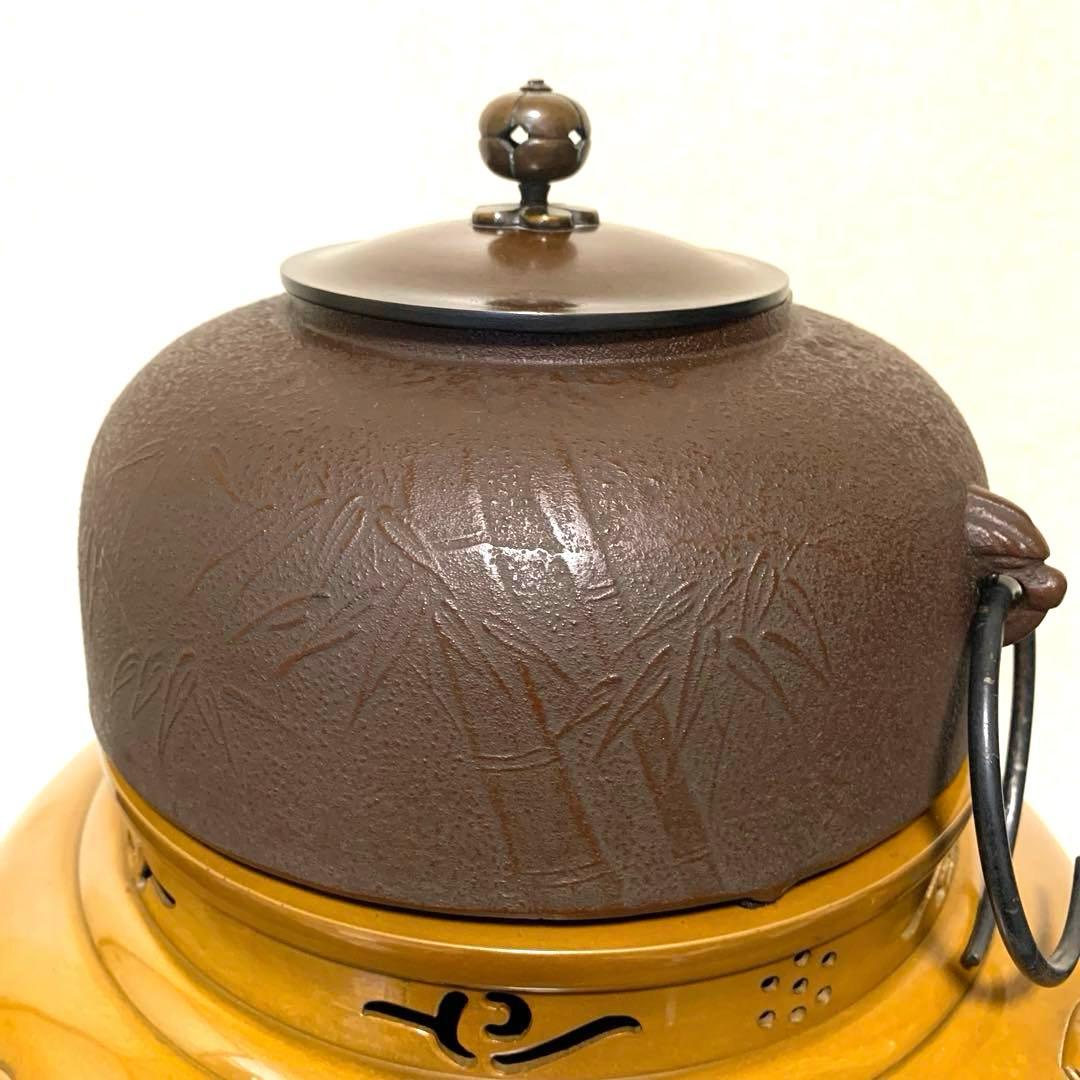 風炉釜 電熱器 茶釜 唐銅鬼面風炉 在銘竹地紋釜 野々田電熱器 敷板 茶道具
