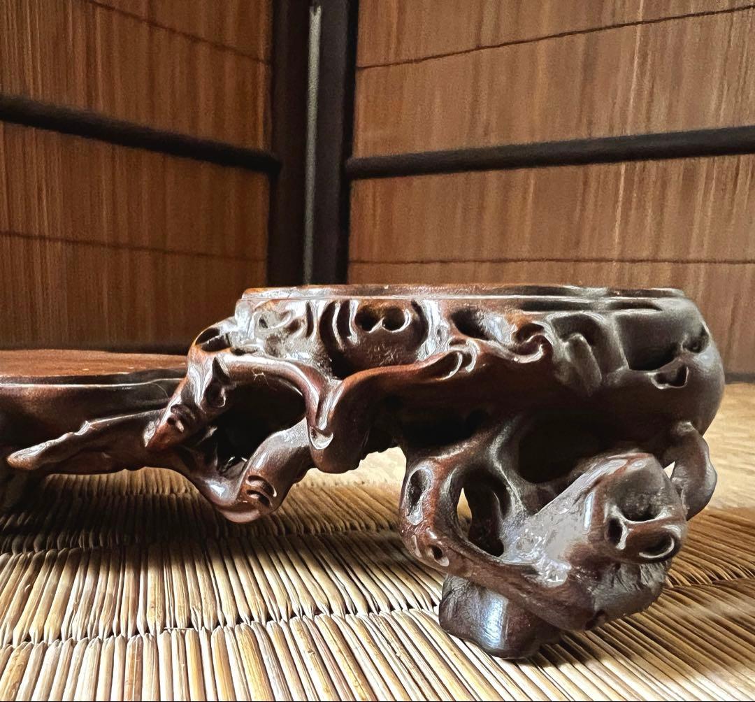 天然 小型 黄楊木 花台 香台 盆栽台 段違い 根卓 透かし彫り