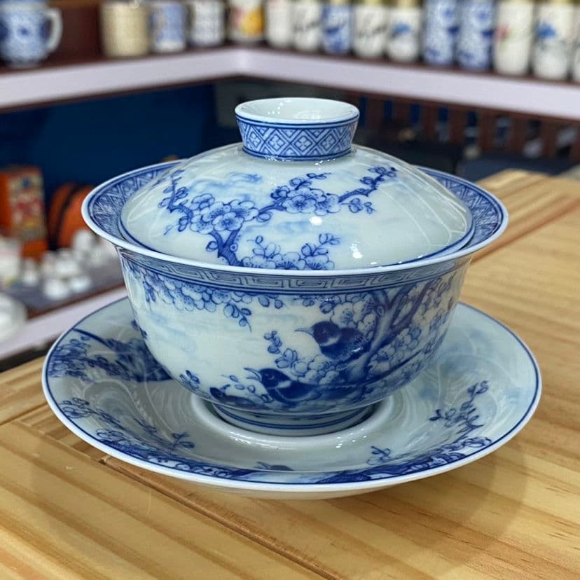 景徳鎮 青花喜上眉梢三才蓋碗 茶碗 煎茶器 未使用品
