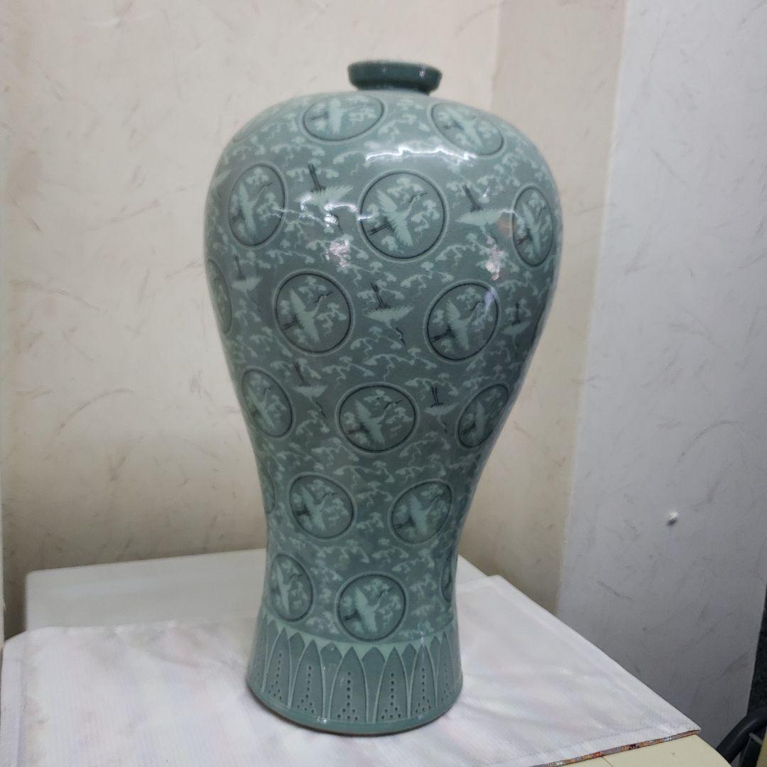蔵出し特価　青磁 鶴模様 陶器 花瓶　作家物海剛作桐箱あり48cm