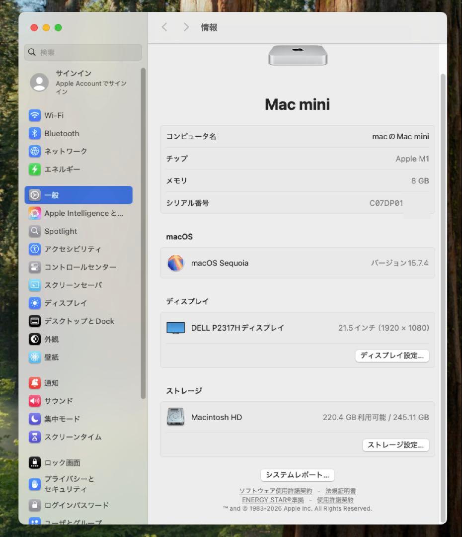 Apple Mac mini (M1)メモリ8GB/SSD 256GB