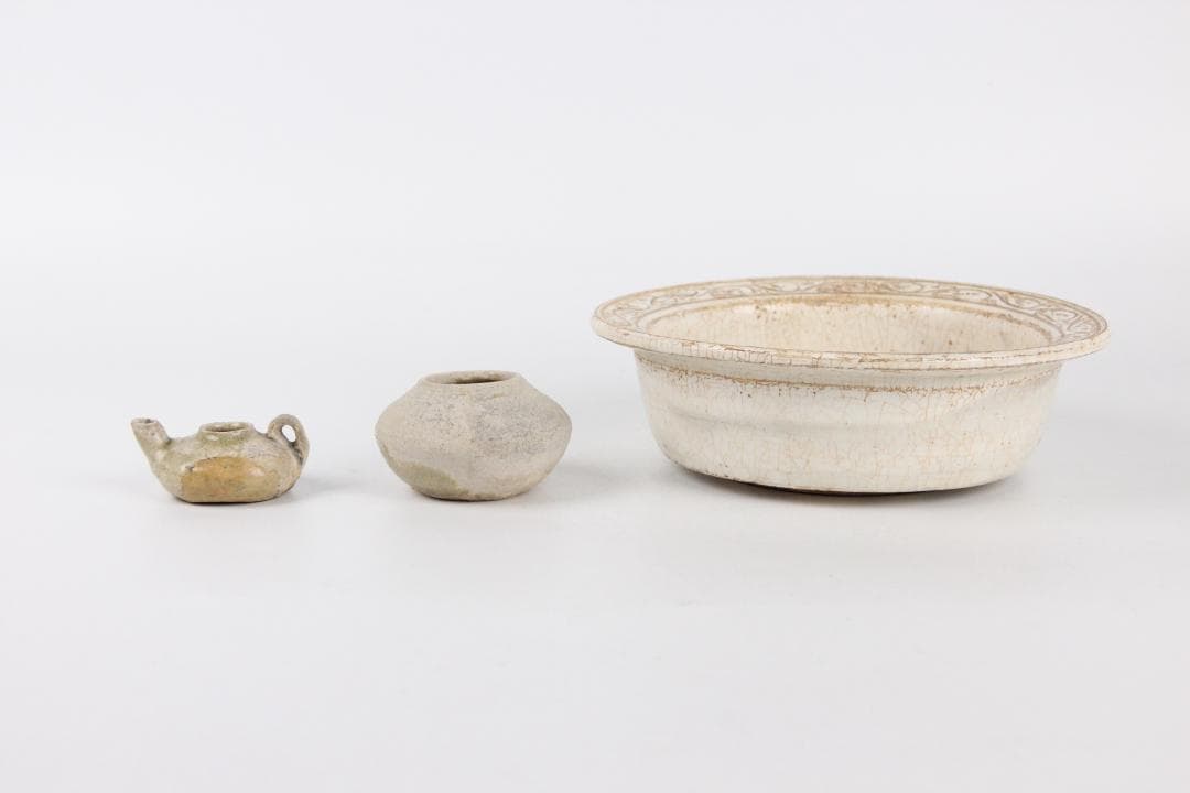 中国美術 古陶器3点セット／白釉魚文鉢・素焼壺・油壺／宋元時代 　EL11-13