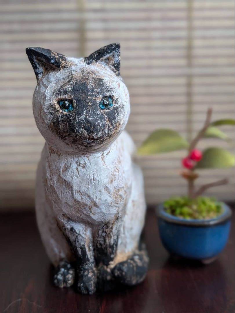 木彫　シャム猫（名刺立て付き）