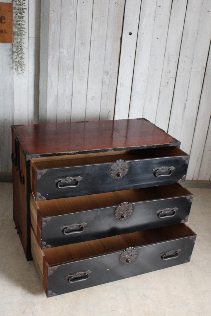 丸金具　時代庄内箪笥3段　タンス　収納　古家具　古民家　時代家具