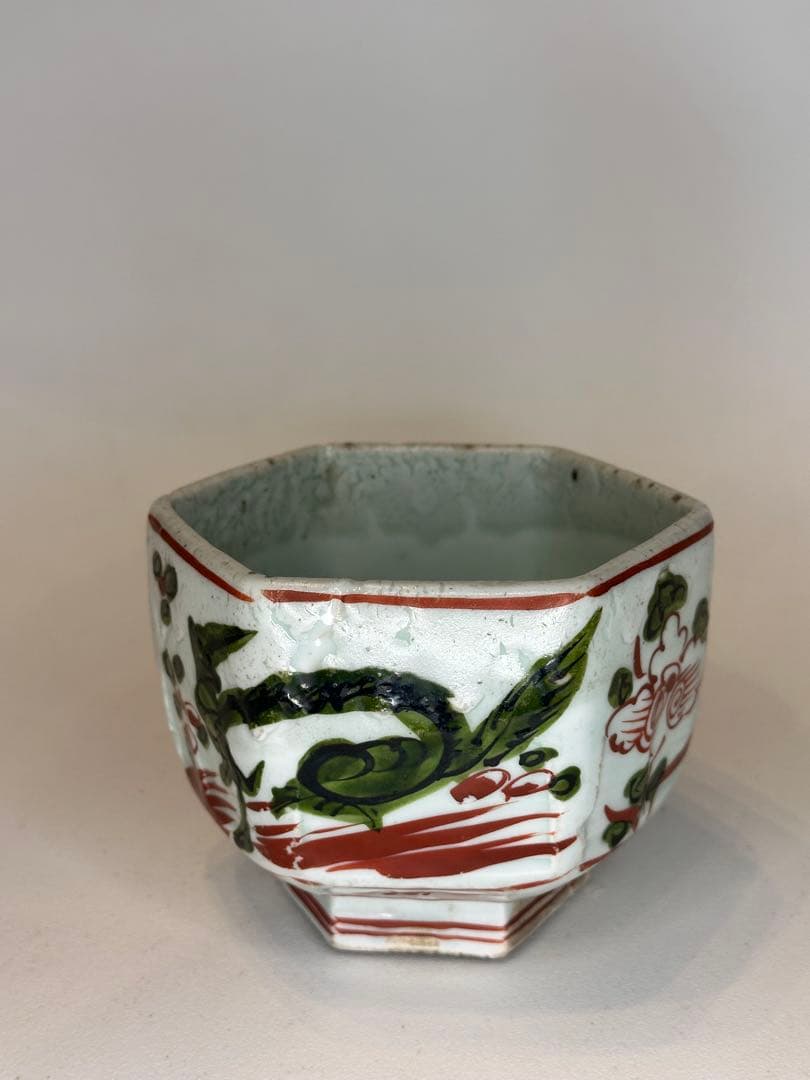 源右衛門窯　六角碗　本手　染錦　手描き　古伊万里様式　時代物　共箱なし