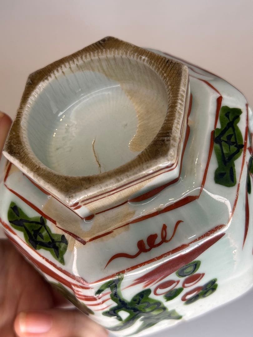 源右衛門窯　六角碗　本手　染錦　手描き　古伊万里様式　時代物　共箱なし