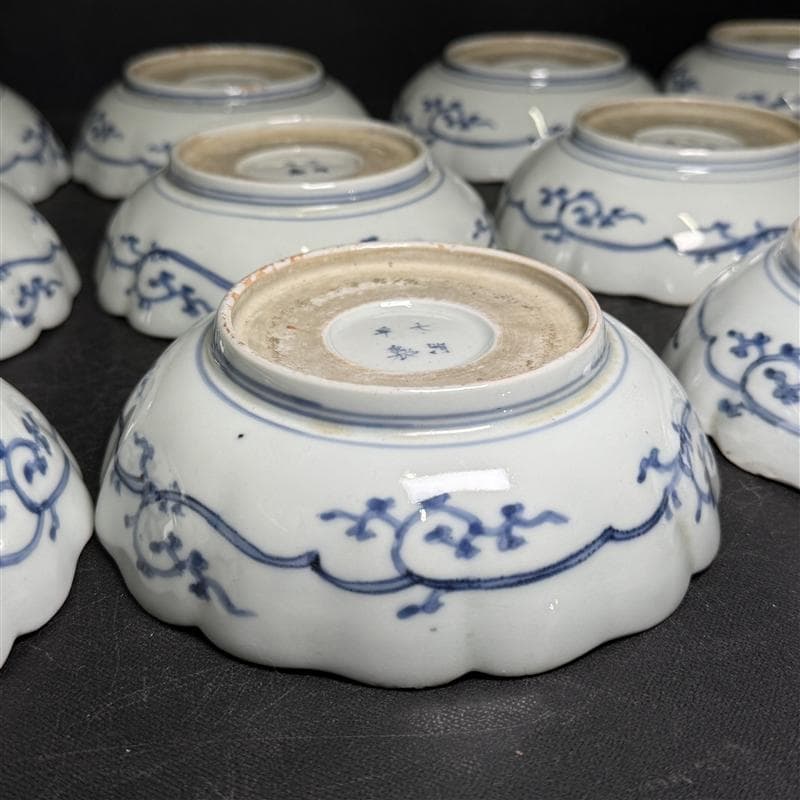 時代物 古伊万里 錦手 膾皿 大明年製 12客(9客無傷) 花唐草文 江戸期