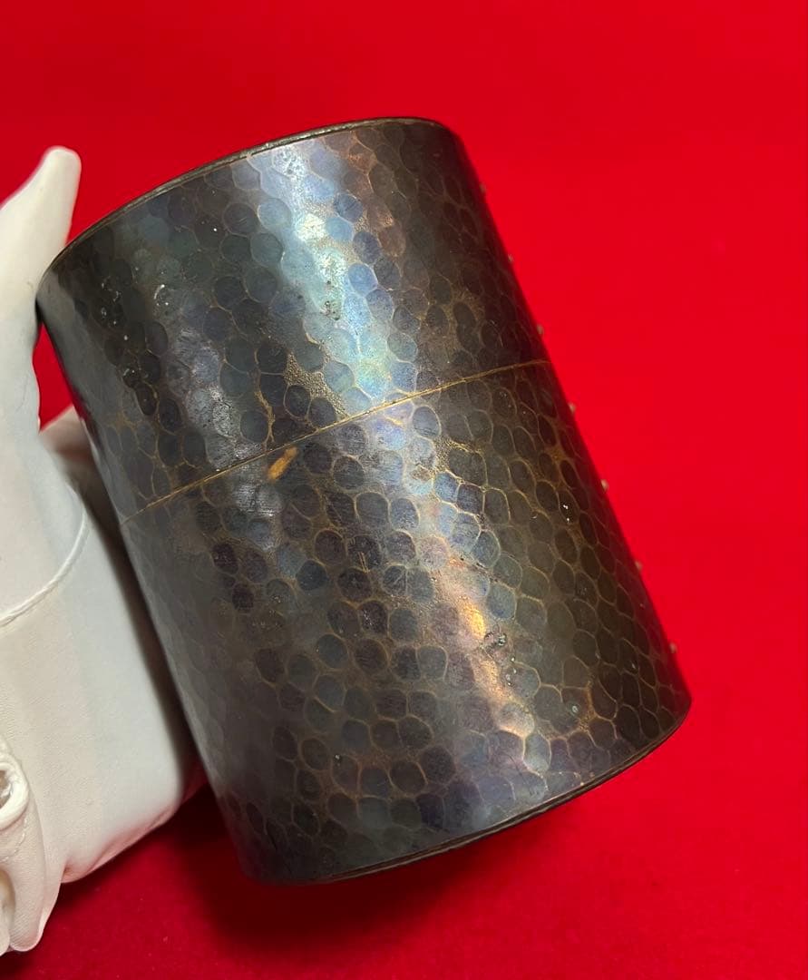 茶道具 鎚起銅製茶筒 茶入れ　玉川堂造　紫金鎚目紋茶筒 共箱付