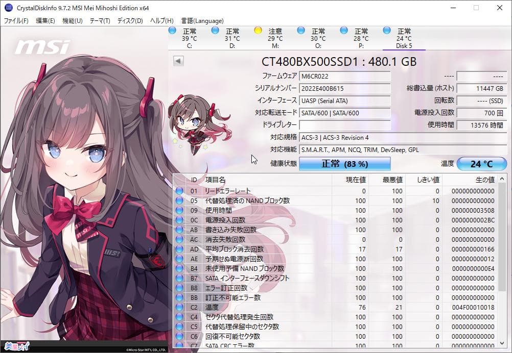 crucial 2.5インチ SATASSD 480GB 使用時間13576時間