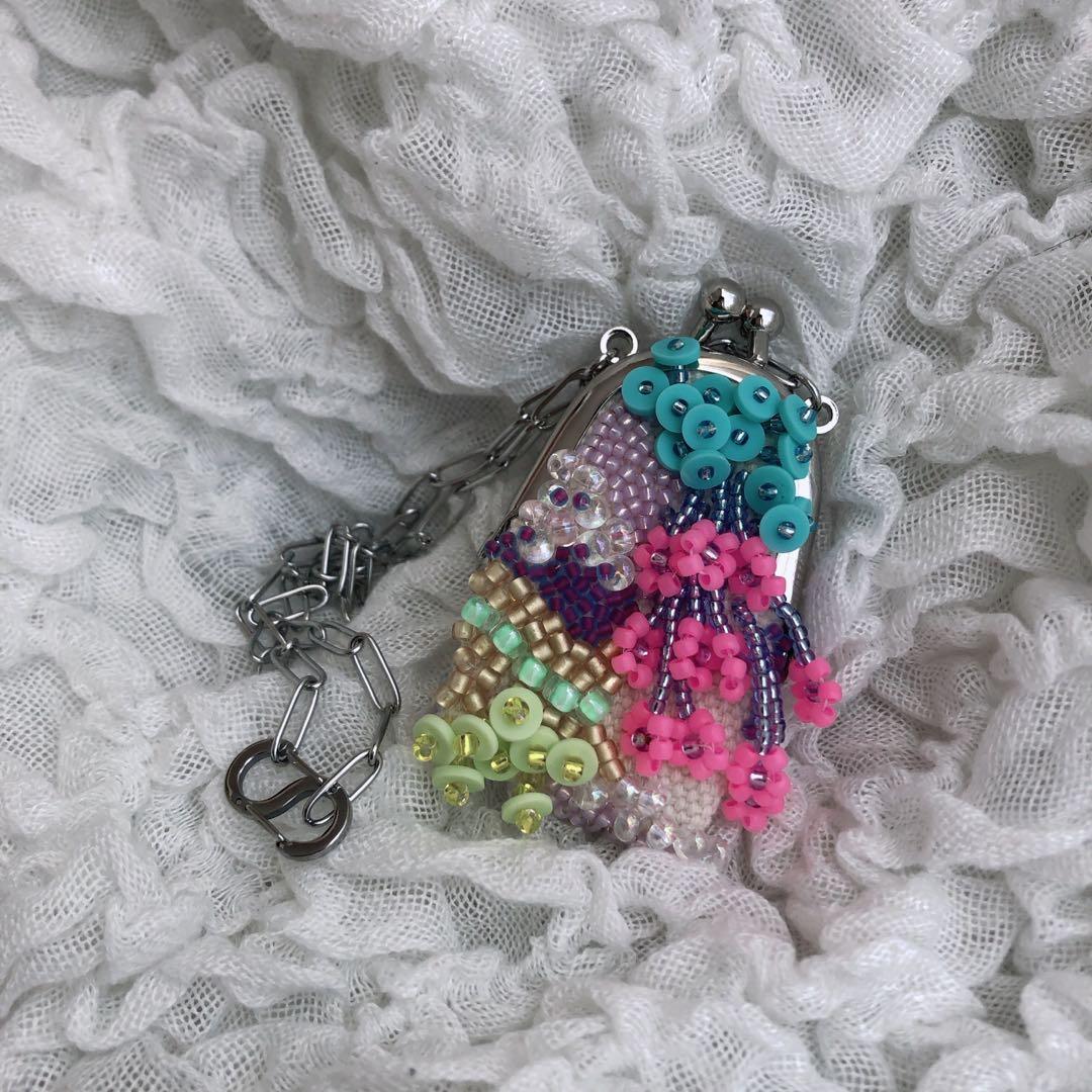 ハンドメイド　ビーズネックレス　がま口　がま口ネックレス　omamori