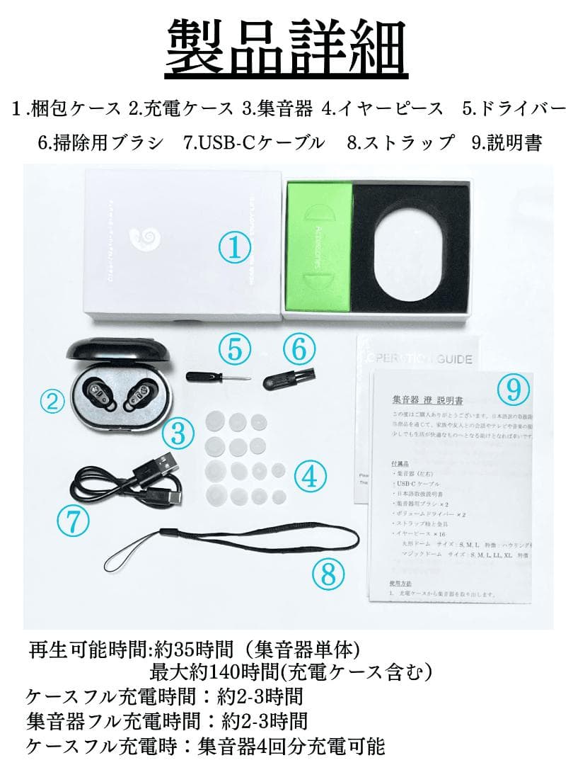 集音器 耳穴式 両耳対応 USB充電 ワイヤレス イヤホン 小型 軽量 澄