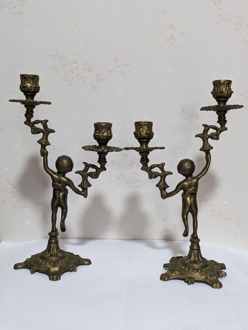 ♦フランス製 燭台 エンジェル キャンドルスタンド１対 真鍮ブロンズ 飾り