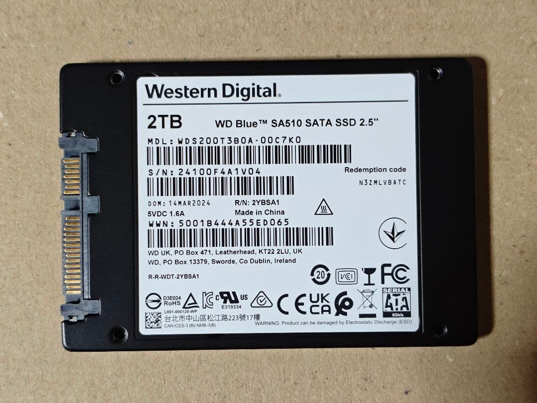 内蔵型SSD WD Blue 2TB SATA SSD SA510 WDS200T3B0A