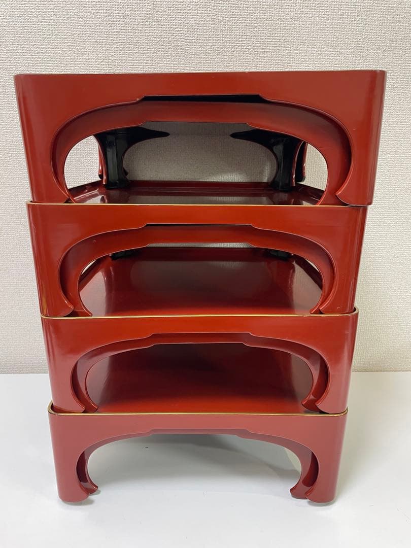【現状品】漆器 輪島塗 朱塗 金彩 脚付膳 重ね膳 4客 8個 割烹屋 懐石②