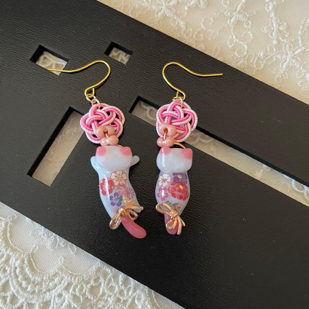ฅ❤️ レジン　猫　ねこ　梅結び　水引　和柄　ピアス　イヤリング　ハンドメイド