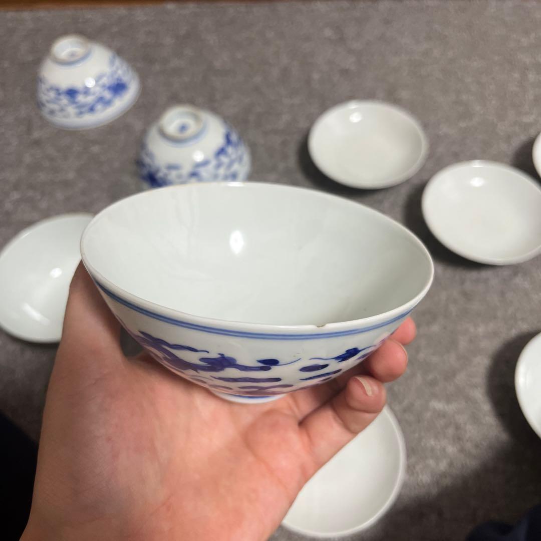 明治期 古伊万里 染付 蓋茶碗 5客 料亭 懐石 龍雲　茶道具