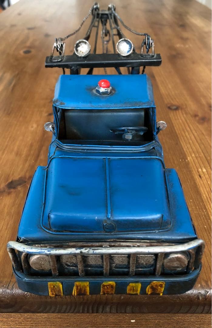 ブリキクレーンレッカー車　青　ビンテージミニカー　レトロおもちゃ