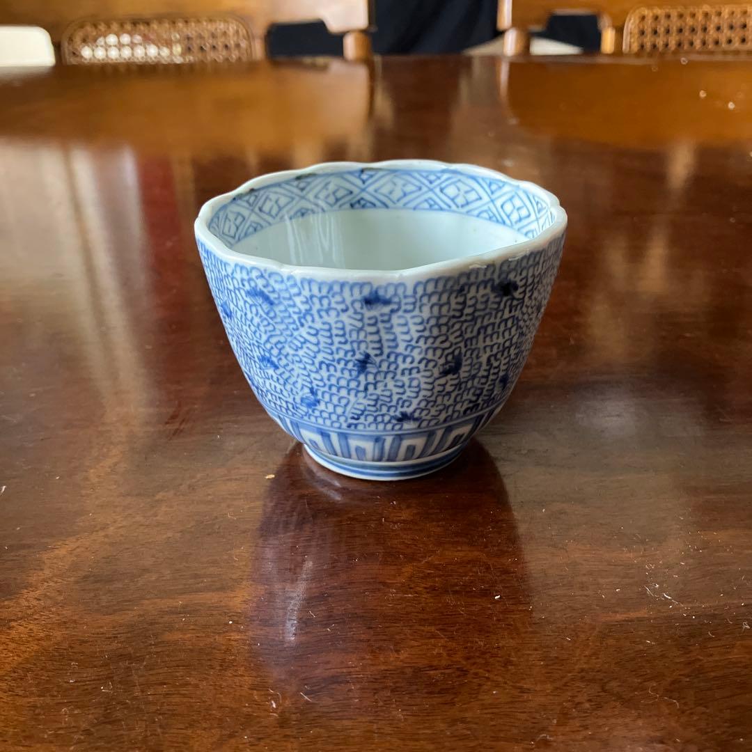 波紋青白002幕末期湯呑みみじん柄古伊万里