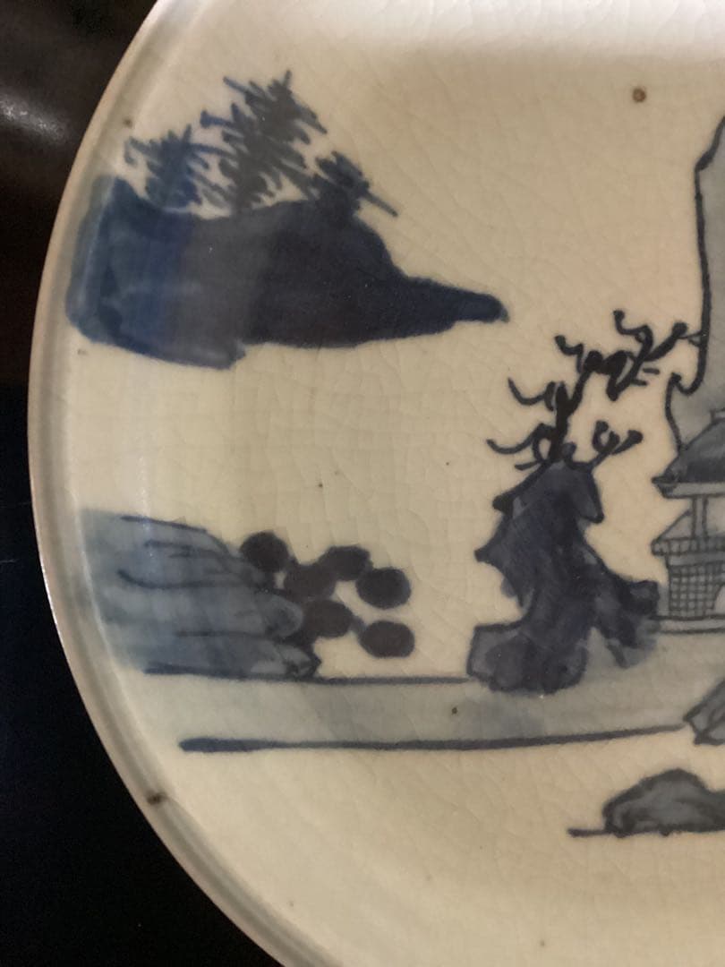 初期伊万里　染付風景図　江戸期中皿幅約20.8cm