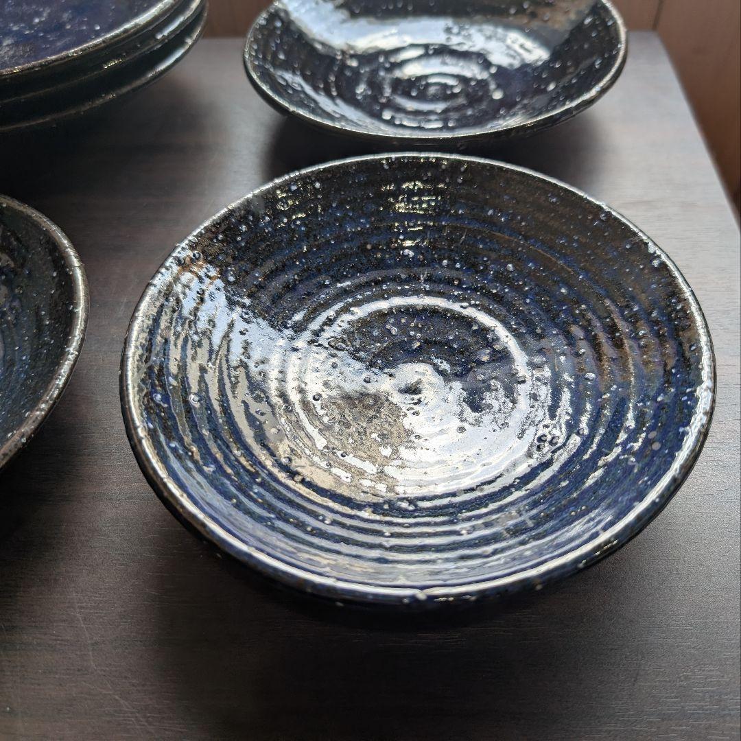 【芝真路 作】中皿 6枚セット 径16.7〜18cm 渦模様 藍色 陶芸