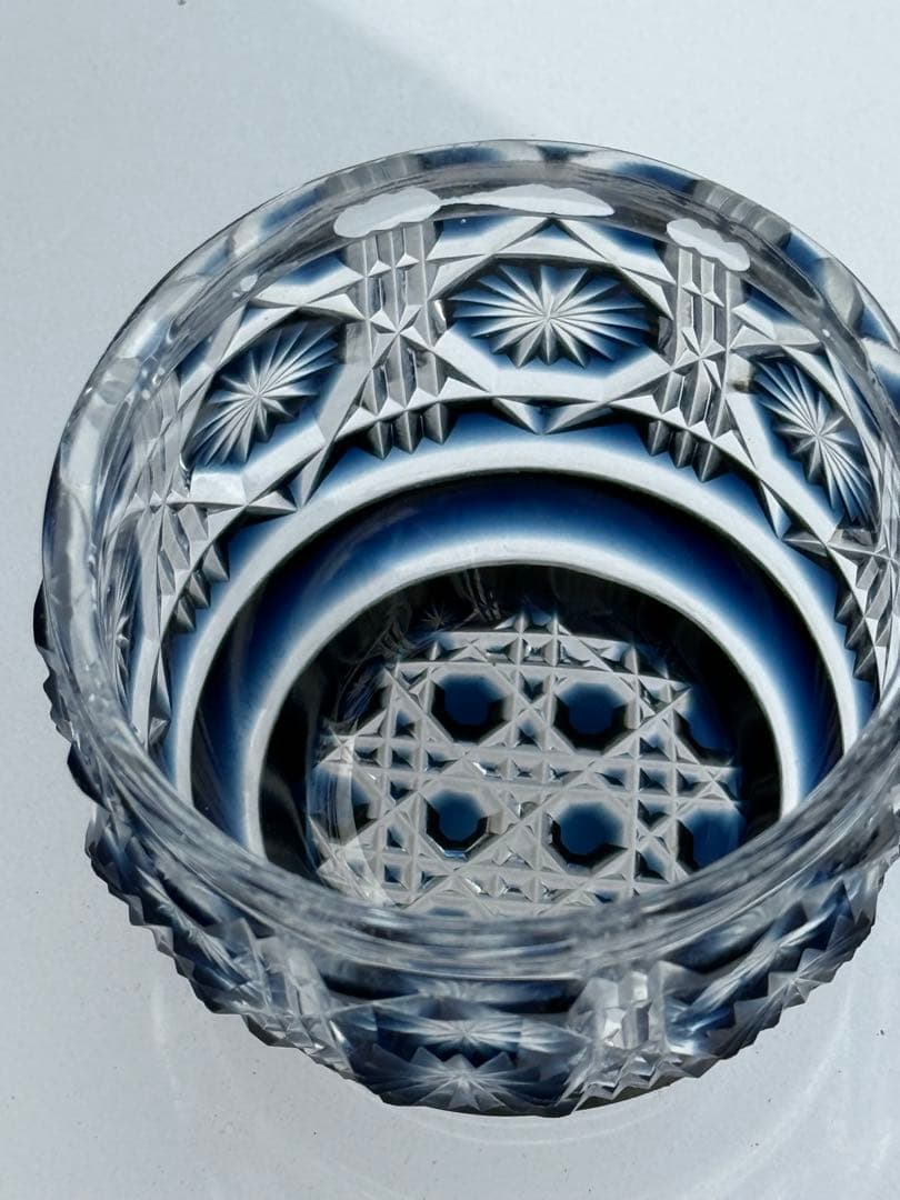 薩摩切子 猪口 八角 籠目文 青　酒器　ぐい呑み　切子