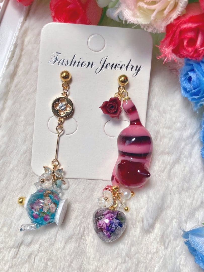 お茶会♡にゃんことティーポット アシメピアス/イヤリング/チャーム✩.*˚