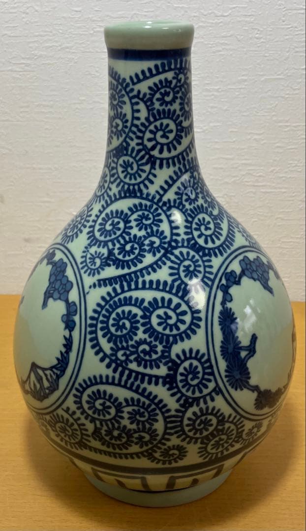 【大型26cm】時代物 染付 蛸唐草文 大徳利 窓絵 松山水図 花瓶 骨董