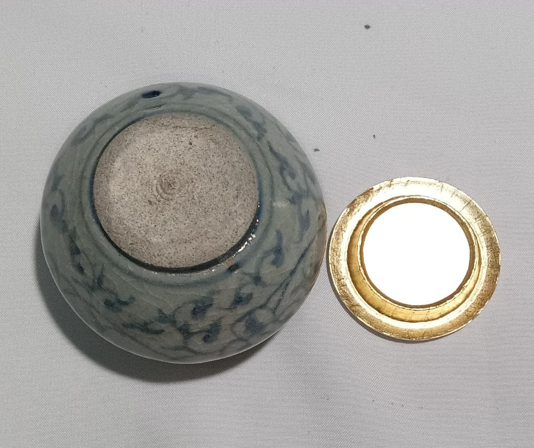 茶道具　安南茶入　安南染付唐草文茶入　繧繝双鳥華紋錦仕覆付　仕立桐箱　美品！！