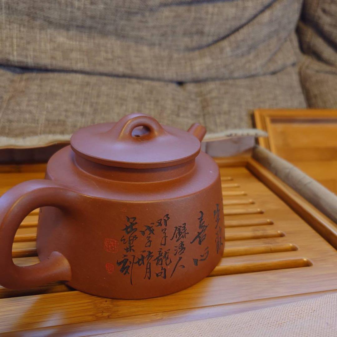 中国茶器　竹茶盤付 宜興朱泥急須　仕覆付 完品 功夫茶道具 高級箱入