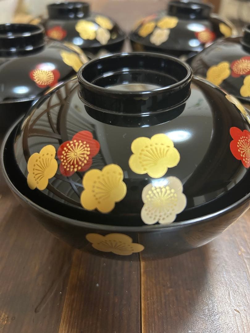 高級漆器 伝統工芸 漆塗 蓋付き お吸物椀 5客　梅 金蒔絵 会津塗