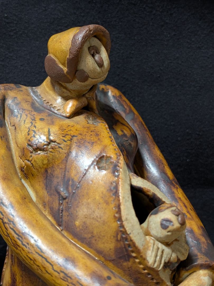 陶器 親子像 オブジェ 約21cm 在銘 置物 インテリア 陶芸作品