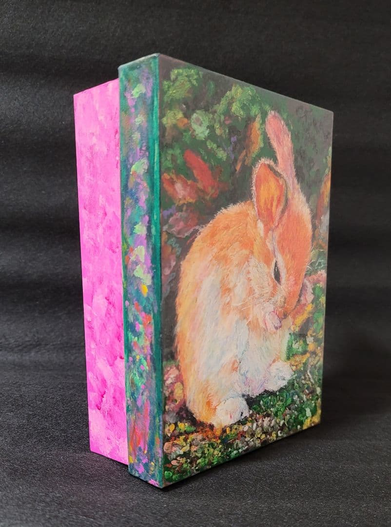 【一点もの】うさぎの秘密の絵箱 オイルパステル画 ハンドメイド インテリア