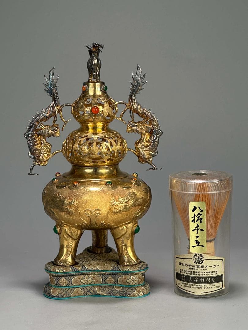 中国美術　純銀製　刻印有　双龍耳刻龍文嵌百宝瓢箪形三足香炉　重さ355g