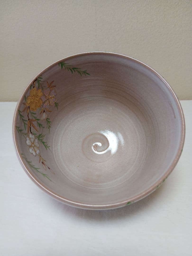 京焼　白釉柳桜茶碗　平安　橋本紫雲作