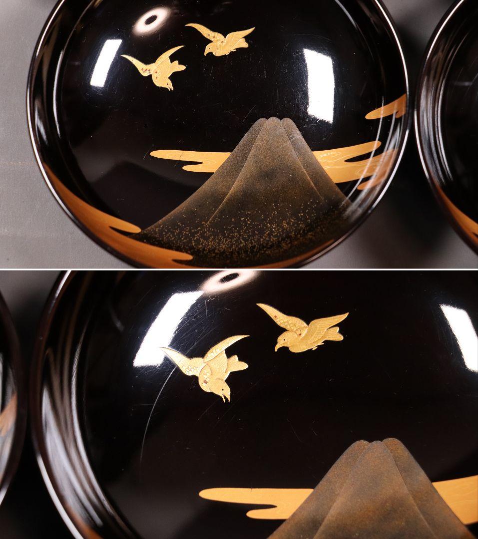 時代輪島塗 一富士二鷹三茄子金銀蒔絵 黒塗吸物椀 五客 木製 茶懐石 CL54
