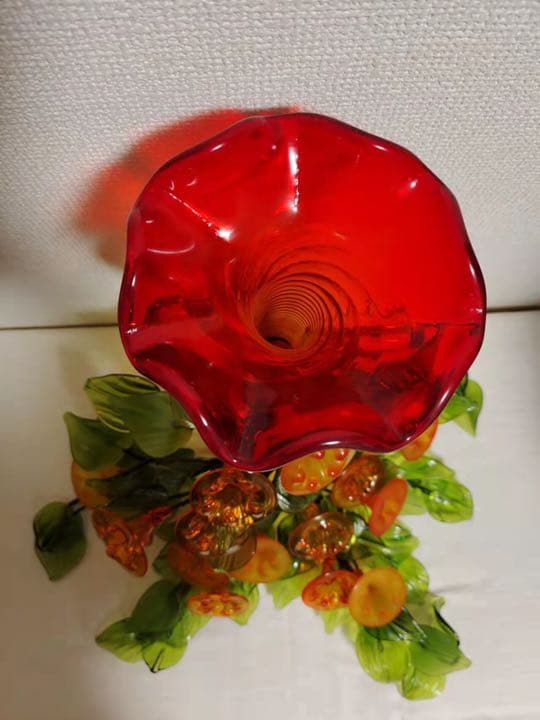 琉球ガラス　朝顔　吹きガラス　花瓶と花　気泡　手作り　置物　細工　時代物　最高級