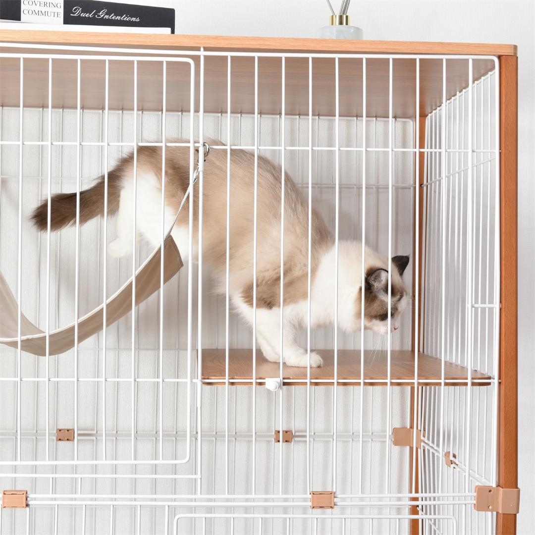 【新品】木製×スチール三段キャットケージ 多頭飼い対応 脱走防止