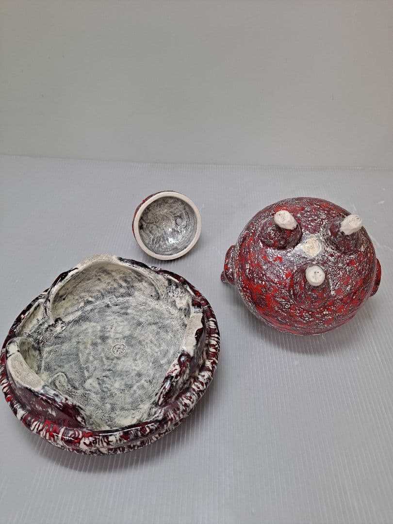 美品 未使用 箕面焼 二代松田箕山 獅子付き 耳付き 三ツ足香炉 茶道具 共箱