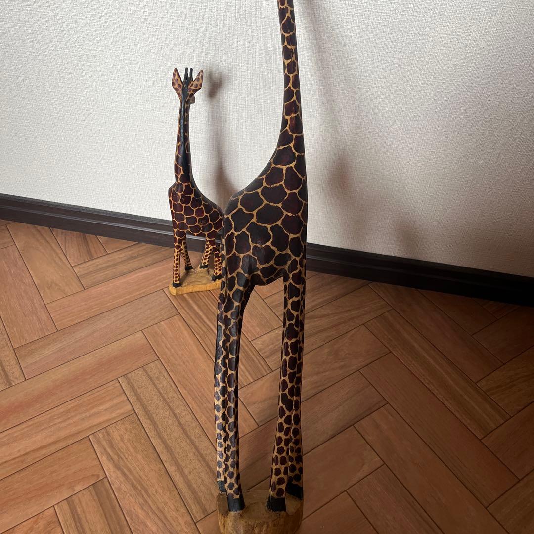 アジアンハンドメイド♪木製 キリン親子置物