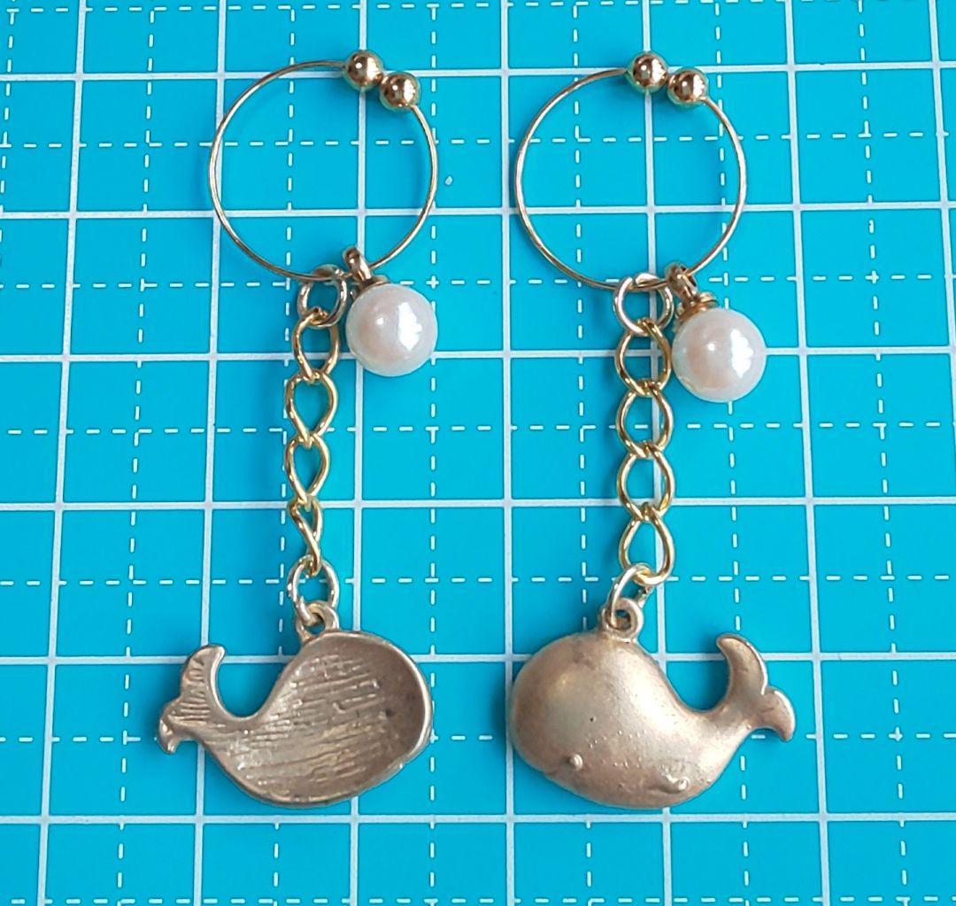 HM　フープイヤリング　ノンホールピアス　ゴールド　パール　ホエール　鯨