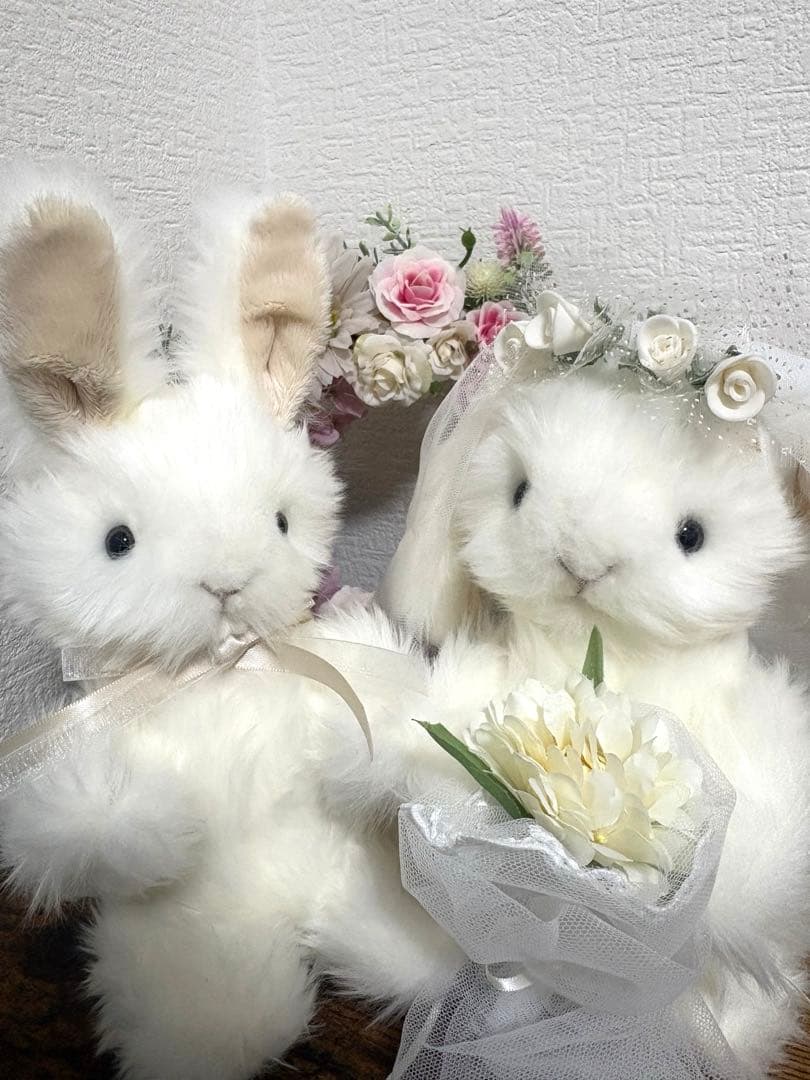 ハンドメイドぬいぐるみ ウェディングペア 寄り添ううさぎ 一点もの 結婚祝い