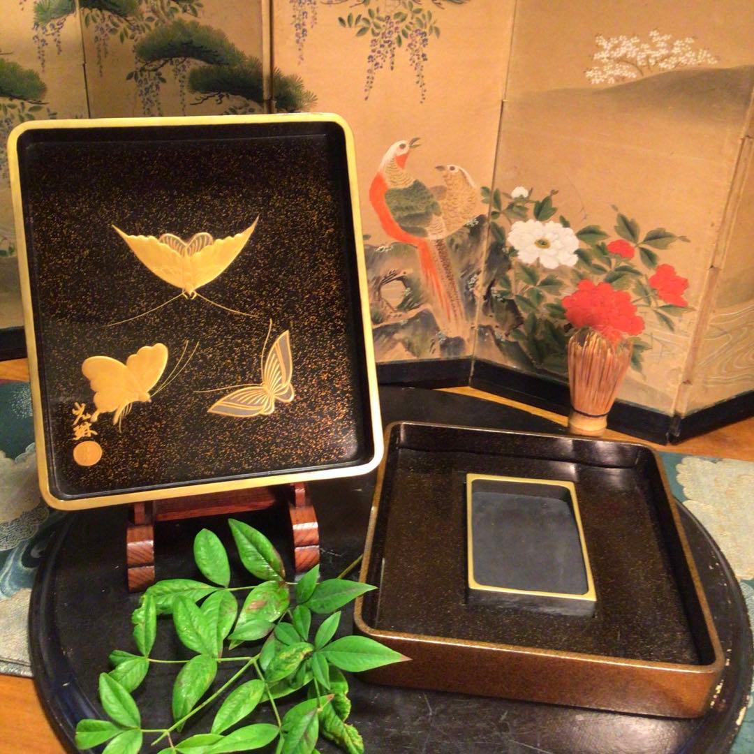 【特別出品】光琳蒔絵　硯箱　文房具　総梨地　一対鶉蒔絵　螺鈿細工　1合（共箱付）