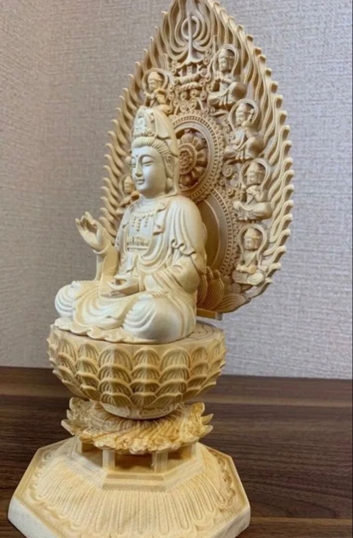 桧木製 手彫り 浄瓶観音菩薩像 仏像 木彫り 工芸品 インテリア 供養木彫り面観